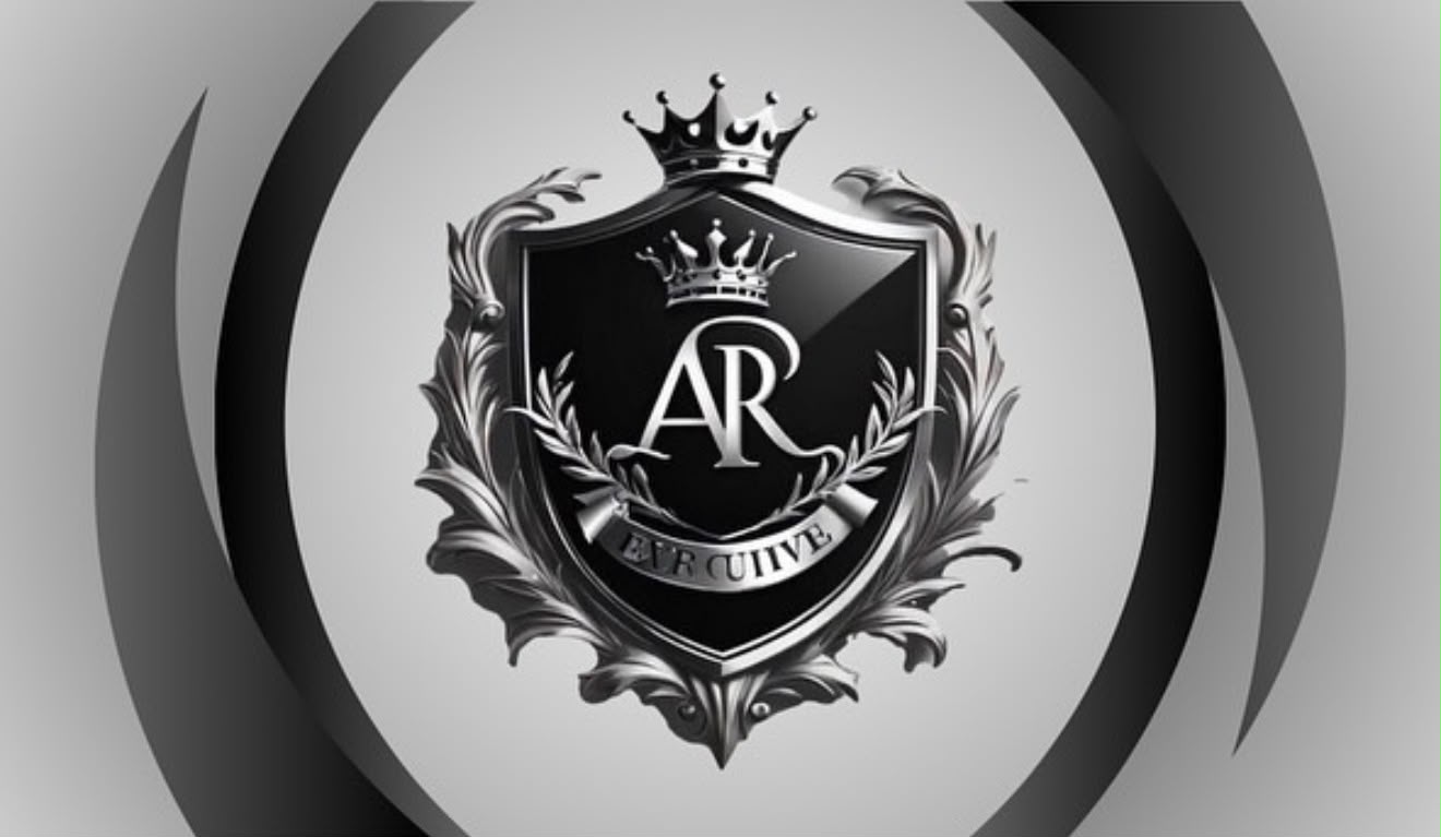 Silver and black A&R Executive shield crest on a business card layout, with a crown and laurel