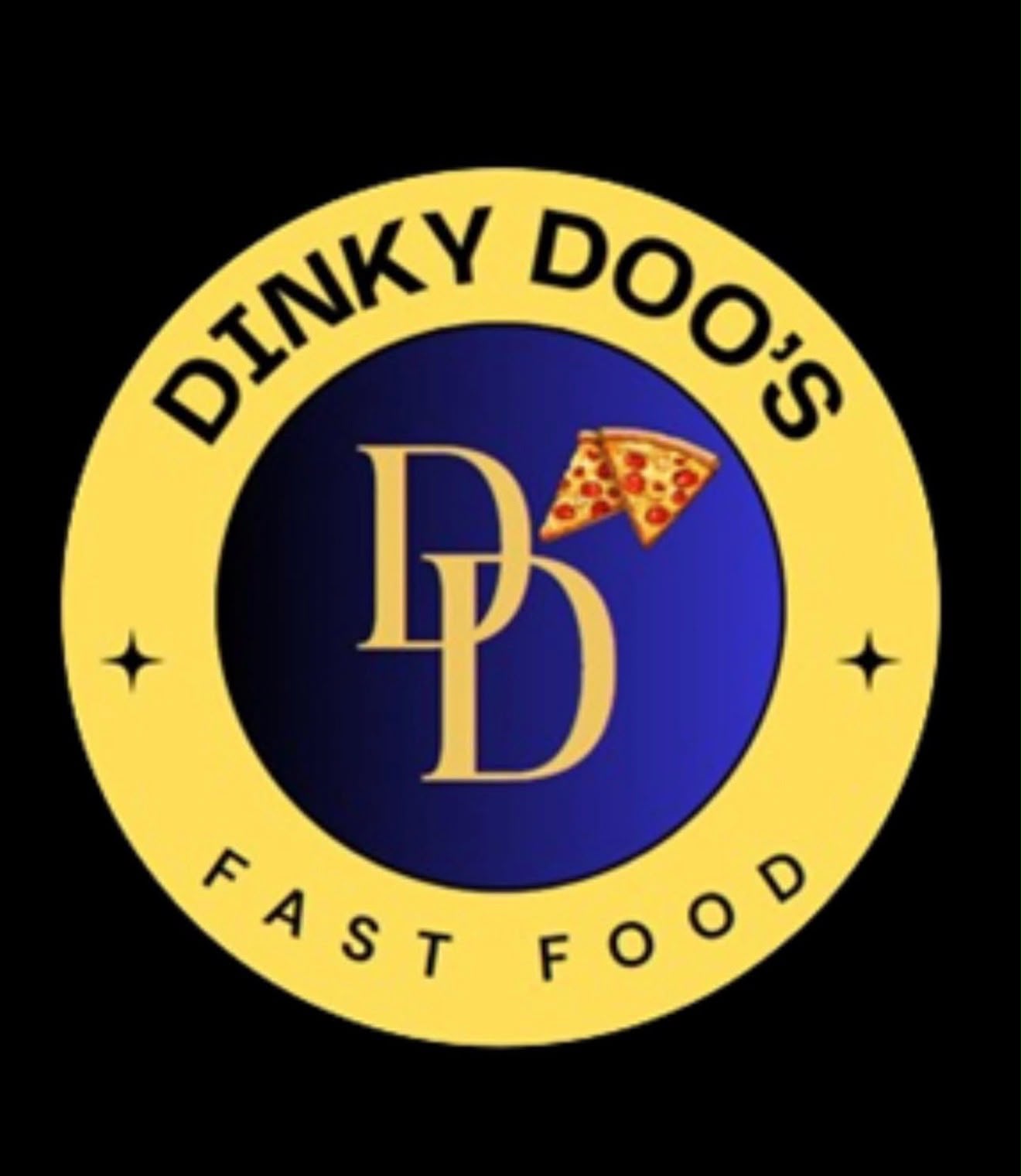 Circular Dinky Doo's Fast Food logo with DD monogram and pizza slices