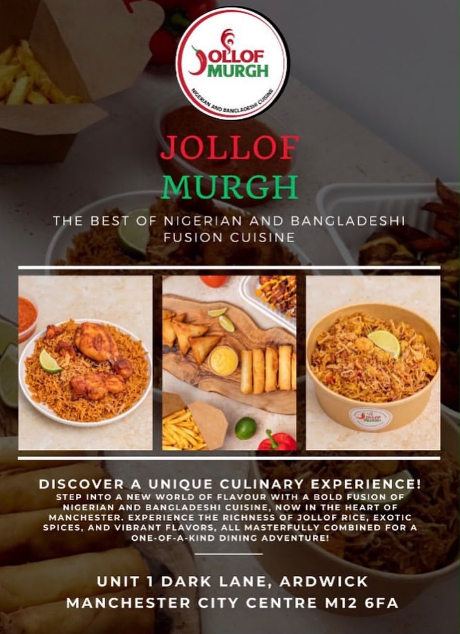 Jollof Murgh menu cover for Nigerian and Bangladeshi fusion cuisine, with dishes and the Ardwick address