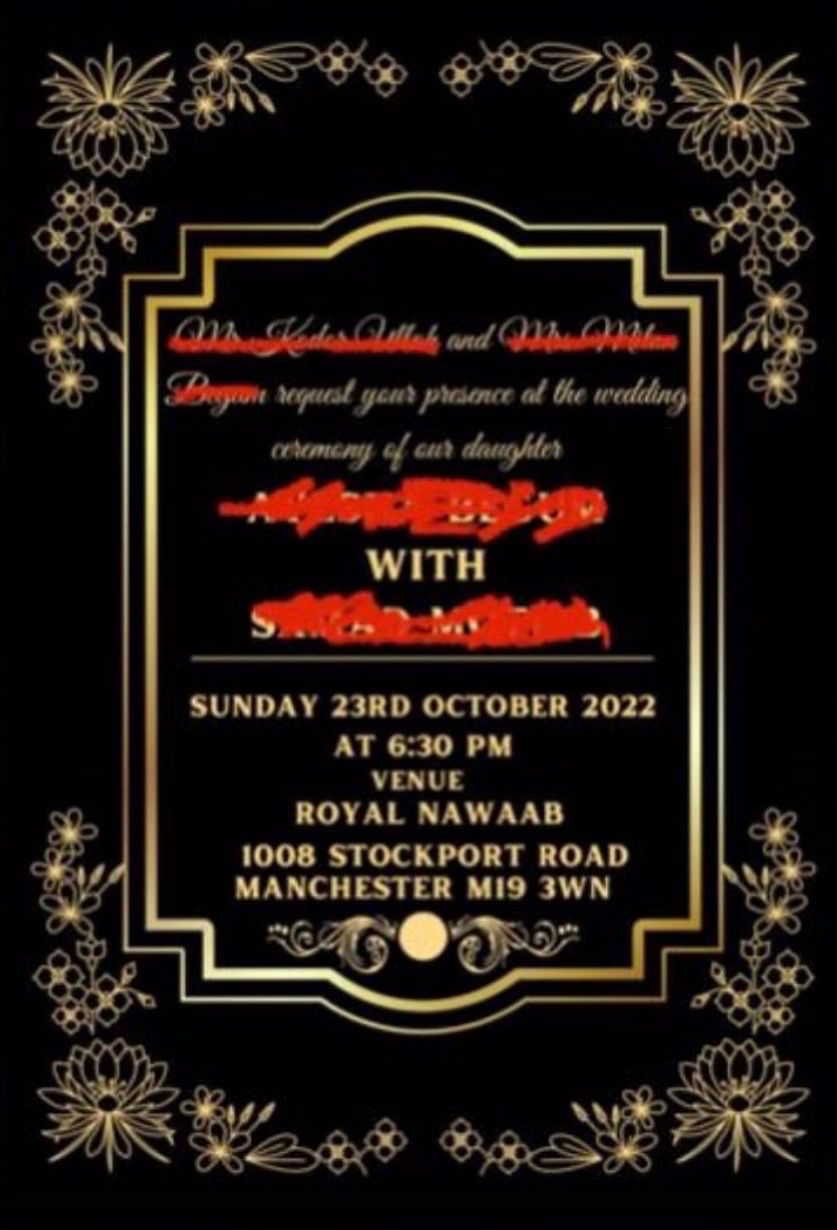 Black wedding invitation with gold floral border