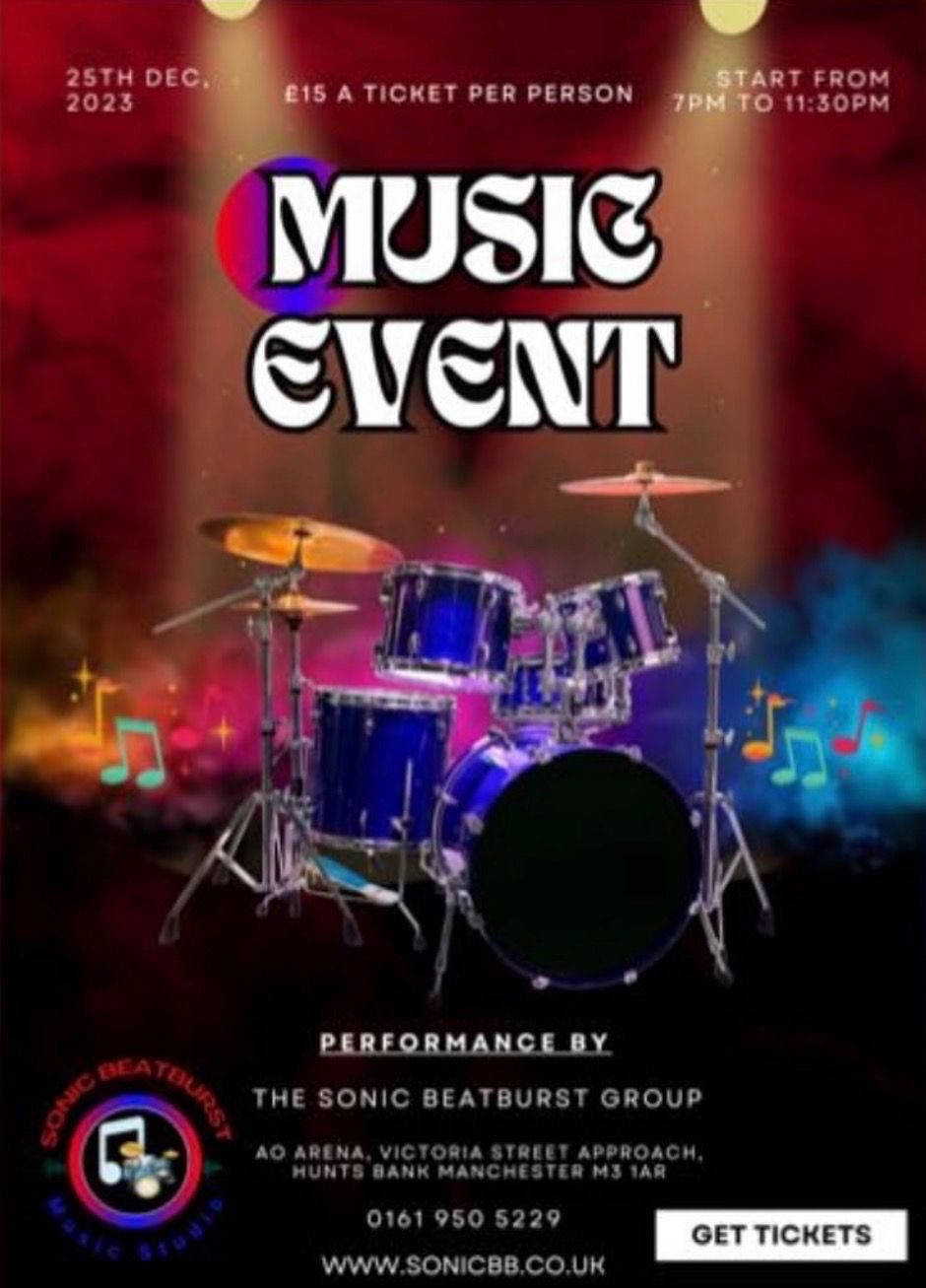 Music event leaflet with a drum kit on a red stage